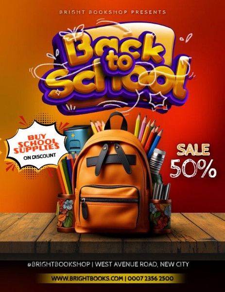A seasonal promotion for school supplies featuring a prominently centered backpack and a bold 50% discount announcement.